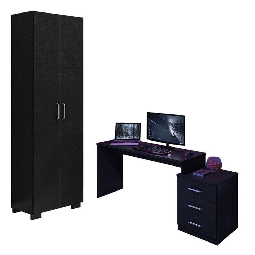 Mesa Para Computador Gamer Drx 5000 E Livreiro Office Com Portas Grandes Preto Trama - Móveis Leão
