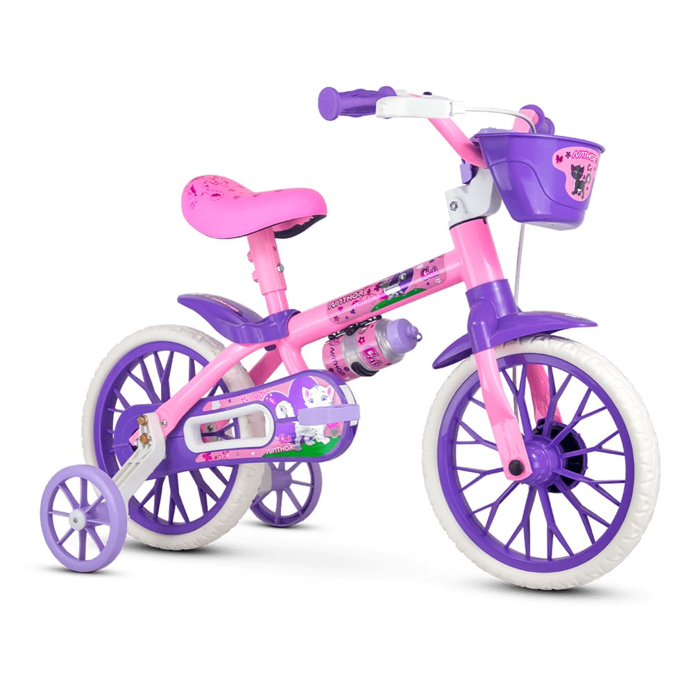 Bicicleta Infantil Aro 12 Com Rodinhas Nathor Bike Criança Menina Gatinha Rosa