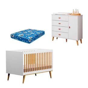 Berço Americano Ligia E Cômoda Infantil Duda Branco Acetinado Bétula Com Colchão Ortobom Móveis