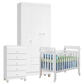 Quarto De Bebê 3 Portas Com Gaveteiro Ternura Baby E Berço Lila Branco Brilho - Incorplac