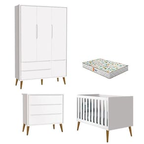 Quarto De Bebê 3 Portas E Cômoda Gaveteiro Theo Branco Pés Amadeirados Com Colchão Gazin - Reller