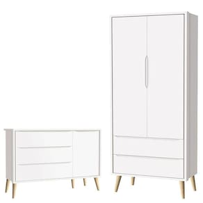 Cômoda Infantil Com Porta E Guarda Roupa 2 Portas Theo Branco Acetinado Pés Madeira Natural - Reller
