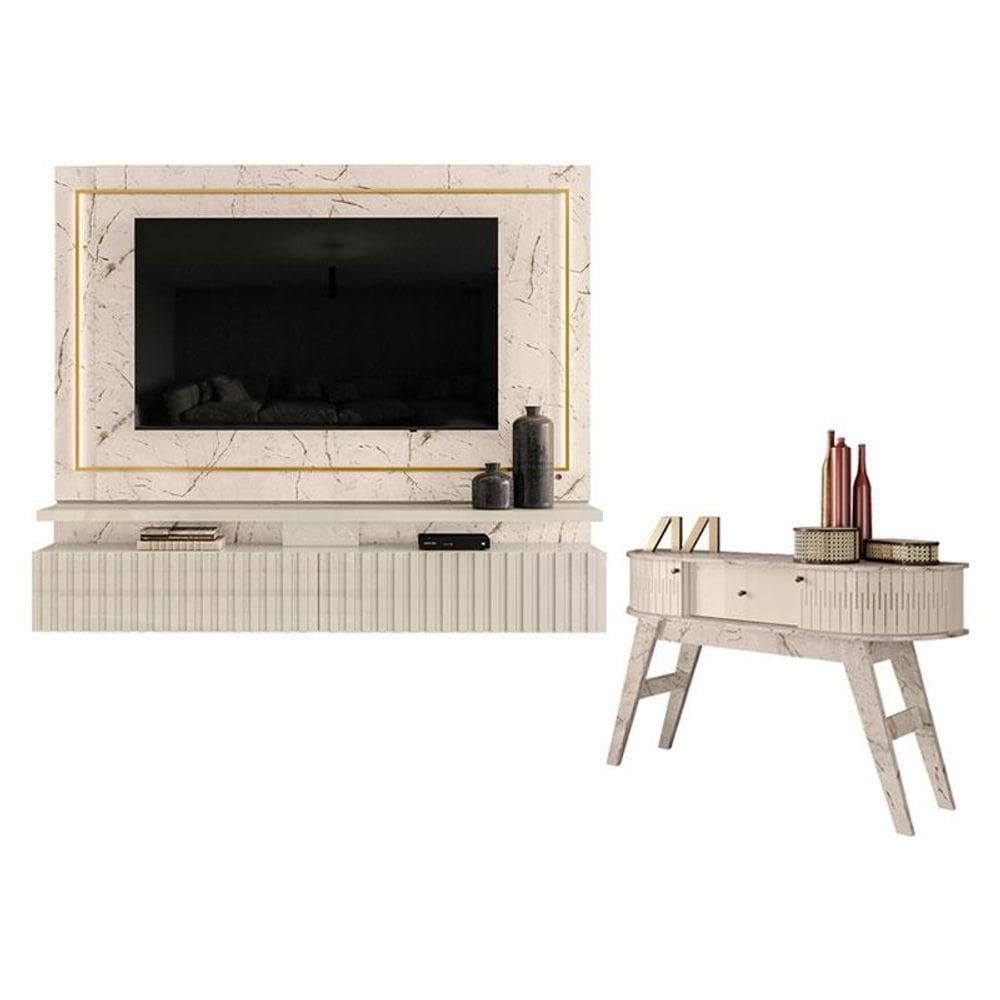 Estante Home Theater Suspenso Gaia Com Aparador Estoril Calacata Off White - Madetec