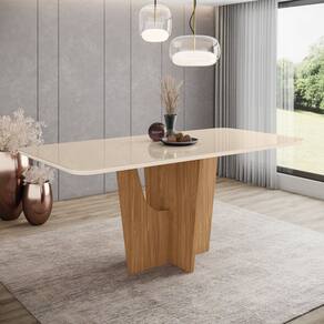 Mesa de Jantar com Tampo Mdf com Vidro Canto Arredondado 180 Cm Vértice Marrom/Off White