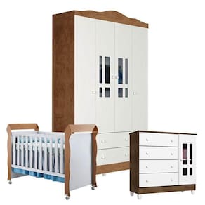 Quarto De Bebê Ariel 4 Portas Com Berço Mirelle Branco Acetinado Amadeirado - Carolina