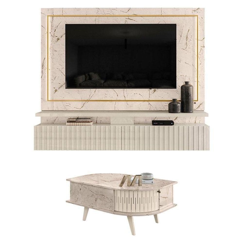 Estante Home Theater Suspenso Gaia Com Mesa De Centro Indianápolis Calacata Off White - Madetec