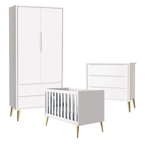 Quarto De Bebê Theo 2 Portas Com Cômoda Gaveteiro Branco Acetinado Pés Madeira Natural - Reller