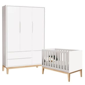 Berço Americano E Guarda Roupa Classic 3 Portas Branco Com Pés Madeira Natural - Reller
