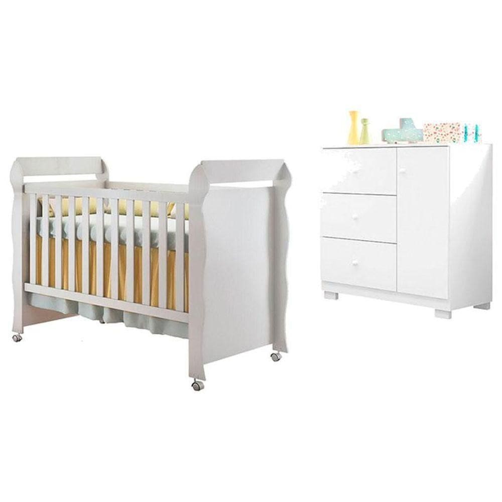 Berço Americano Mirelle Com Cômoda Infantil Duda Branco Brilho - Phoenix Baby