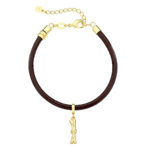 Pulseira de Couro Natural com Charm Cana de Açúcar Revestido em Ouro