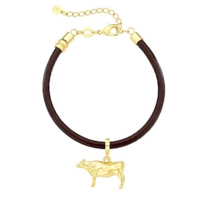 Pulseira de Couro Natural com Charm Boi Revestido em Ouro