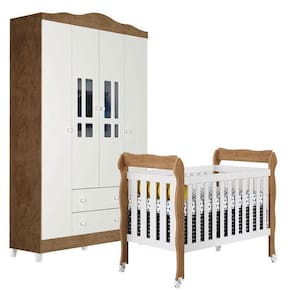 Berço Americano Lila E Guarda Roupa Infantil Ariel 4 Portas Branco Acetinado Amadeirado - Carolina