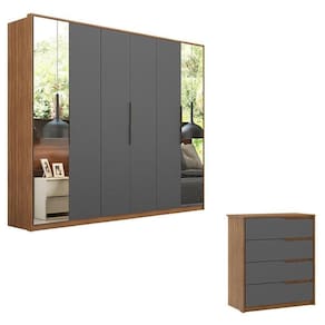 Cômoda Atria E Guarda Roupa Casal Atrice 6 Portas 2 Portas Em Espelho Amendola Grafito - Demartêz