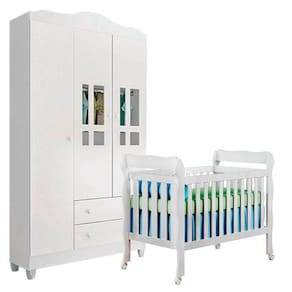 Berço Americano Lila E Guarda Roupa Infantil Ariel 3 Portas Branco Brilho - Carolina
