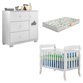 Berço Americano Lila E Cômoda Infantil Ane Branco Brilho Com Colchão Gazin - Phoenix Baby
