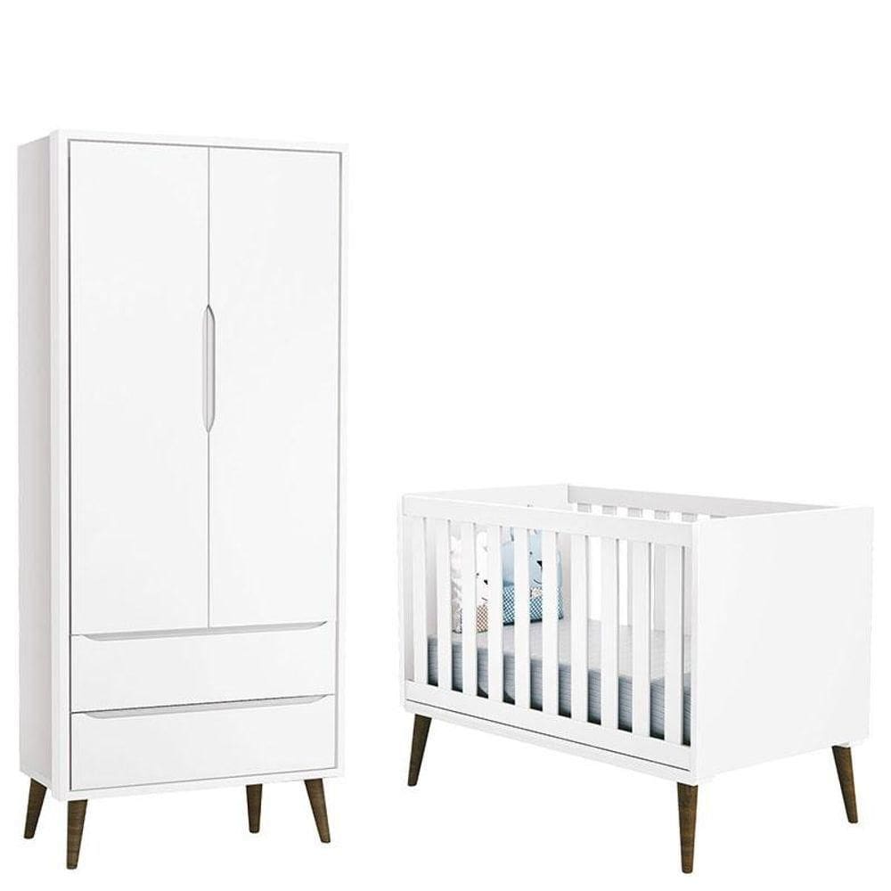 Berço Americano E Guarda Roupa 2 Portas Infantil Theo Branco Acetinado Com Pés Amadeirado - Reller