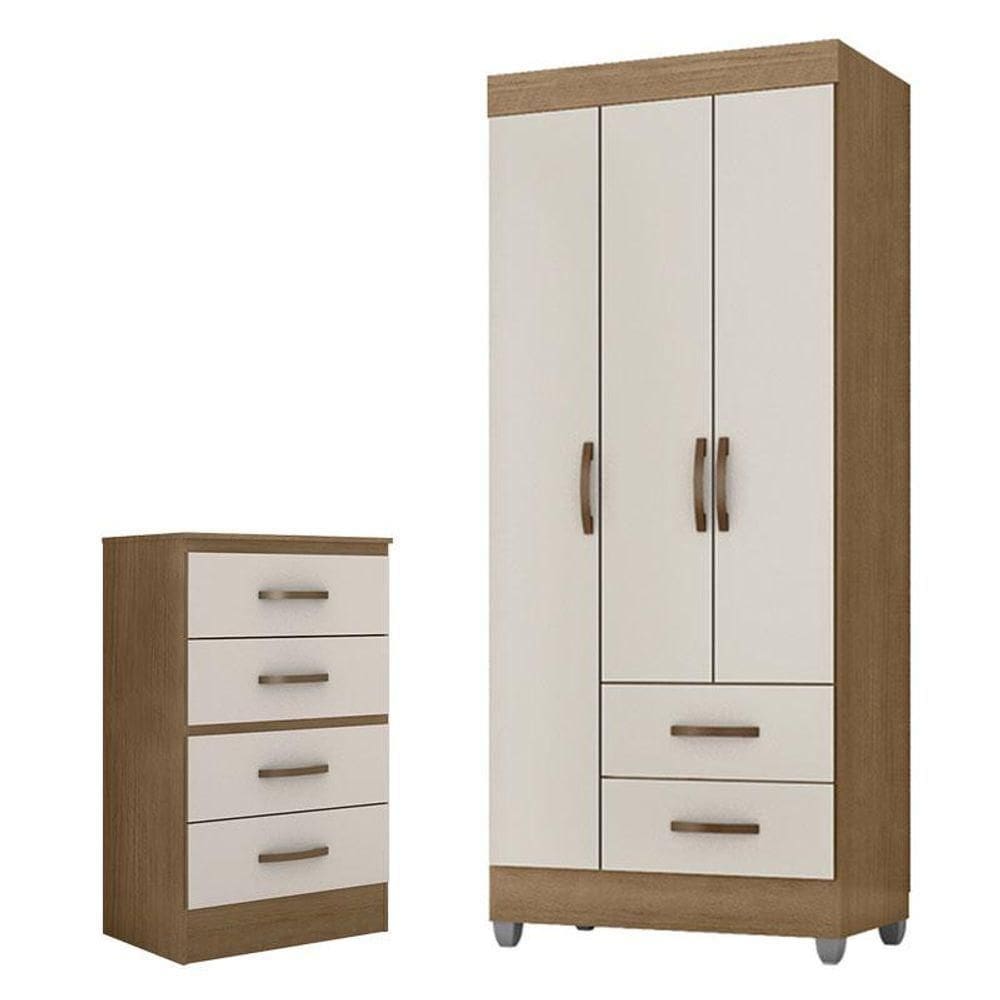 Guarda Roupa Solteiro 3 Portas E Cômoda 4 Gavetas Lite Nature Off White - Móveis Leão