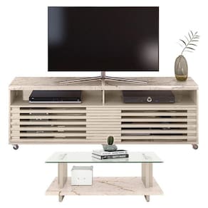 Rack Bancada Com Mesa De Centro Frizz Cross Calacata Off White - Madetec