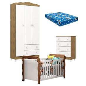 Quarto De Bebê Mel Flat E Berço Americano Lara Branco Acetinado Amadeirado Com Colchão Ortobom