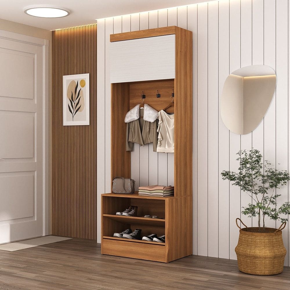 Sapateira Viena 1 Porta 2 Prateleiras com Cabideiro Espresso Móveis Nogal/Branco