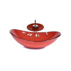 Cuba de Vidro Oval Chanfrada 46cm com Válvula e Torneira Metal Vermelho Ferrari