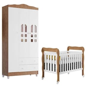 Berço Americano Lila E Guarda Roupa Infantil New Selena 3 Portas Branco Acetinado Amadeirado Móveis