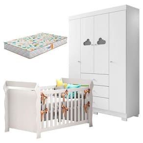 Berço Americano Lara E Guarda Roupa Infantil Ane Branco Brilho Com Colchão Gazin - Phoenix Baby