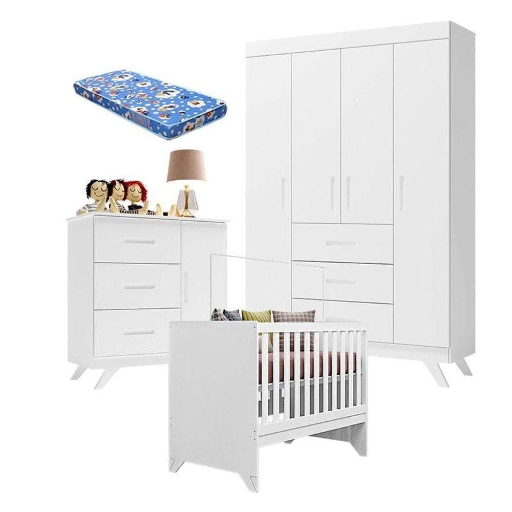Quarto De Bebê Retro Maya Branco Acetinado Com Colchão Ortobom - Canaã