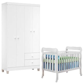 Berço Americano Lila E Guarda Roupa Ternura Baby 4 Portas Branco Brilho - Incorplac