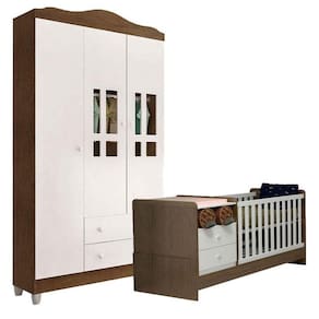 Berço Multifuncional Selena E Guarda Roupa Infantil Ariel 3 Portas Branco Acetinado Amadeirado - Carolina