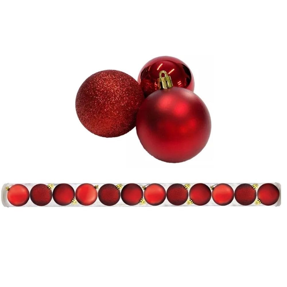 Kit 12 Bolas De Natal Mista Fosca, Lisa e Glitter Vermelha 5cm - Master Christmas