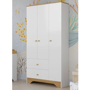 Guarda-roupa Infantil 3 Portas e 2 Gavetas 100% Mdf Cocada Branco Brilho/Amêndoa