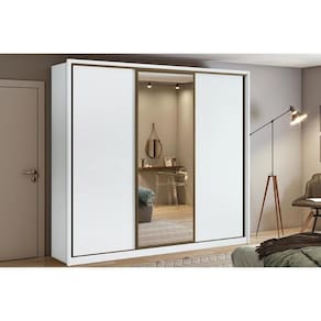 Guarda Roupa 3 Portas de Correr e 6 Gavetas c/ Espelho Spazio Branco - Lopas