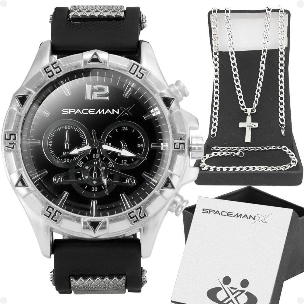 Relogio Masculino Aço + Caixa + Cordão Cruz + Pulseira Inoxidável Crucifixo Presente Casual Social