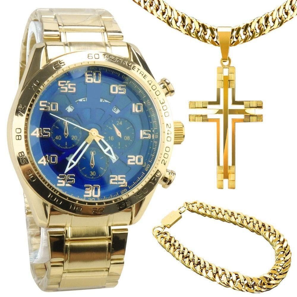 Relogio Prova Dagua Aço Inox + Pulseira + Cordão Grosso Casual Social Qualidade Presente