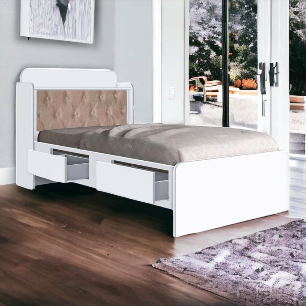 Cama Tamires Branco com Capitonê Bege e Colchão