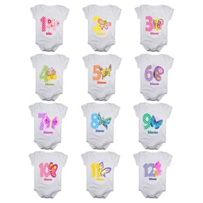 Kit body de bebê mesversario manga curta estampa borboletas 12 bodies 1 a 12 meses