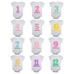 Kit body bebê mesversario manga curta números coloridos 12 bodies 1 a 12 meses