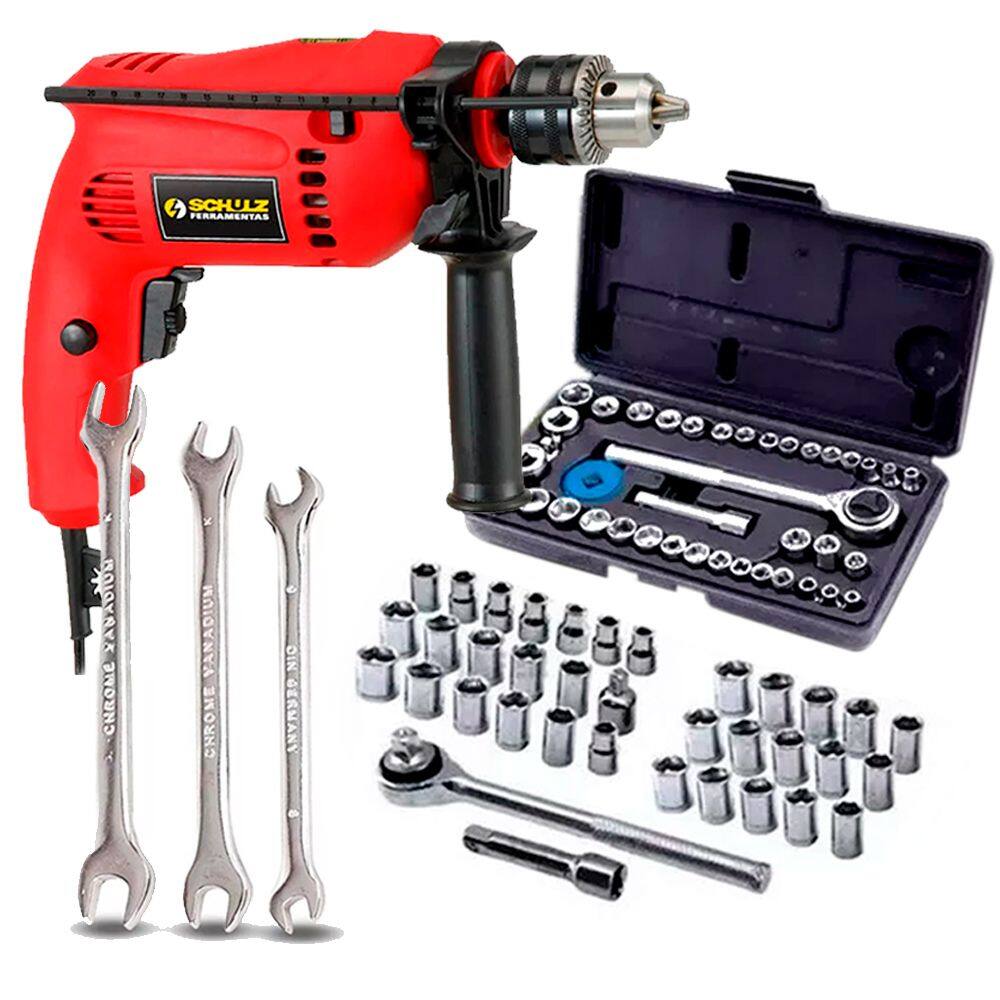 FURADEIRA 1/2” 0500W COM IMPACTO + KIT SOQUETES 43 PEÇAS