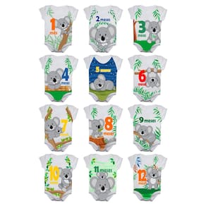 Kit Body Bebê Mesversario Manga Curta Coalas 12 Bodies de 1 a 12 Meses