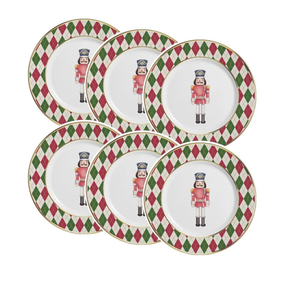 Conjunto de 6 Pratos Sobremesa de Cerâmica Soldadinhos com Filete de Ouro 21cm - Alleanza