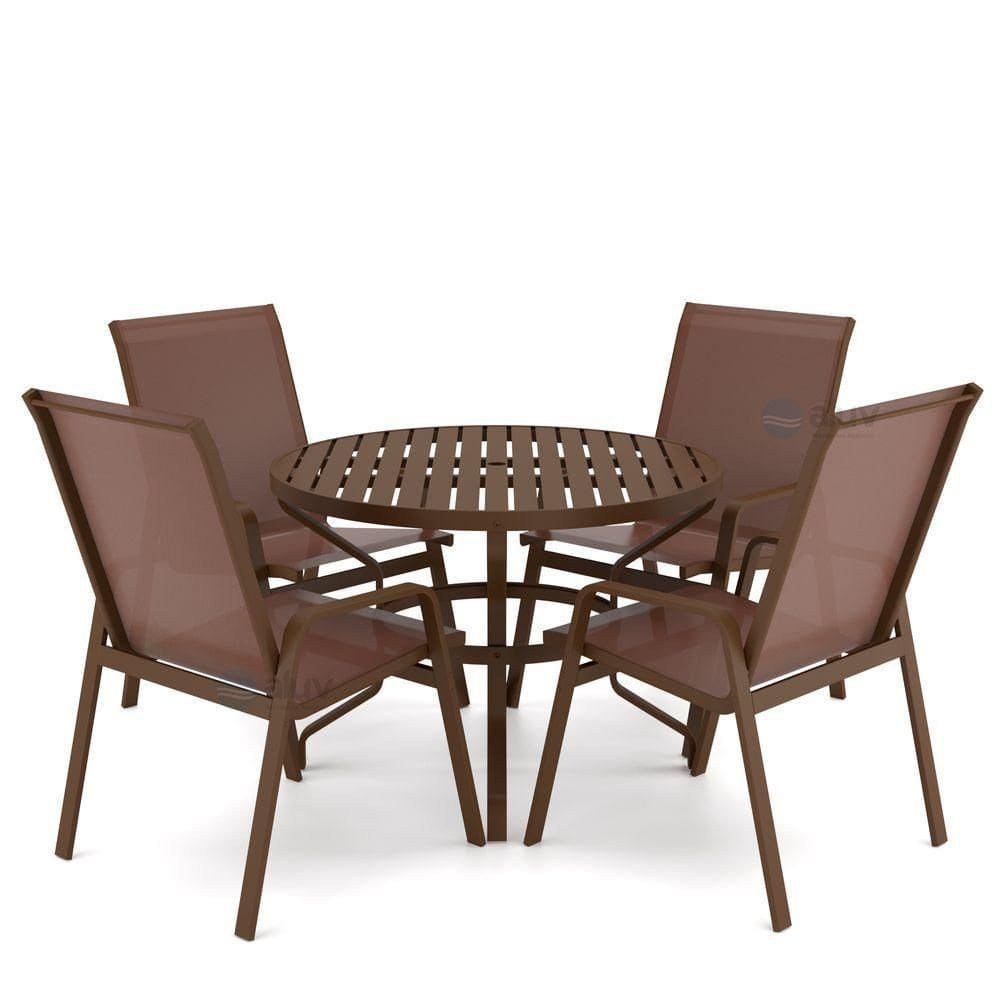 Mesa 4 Cadeiras Ripado Piscina Alumínio Marrom E Tela Marrom