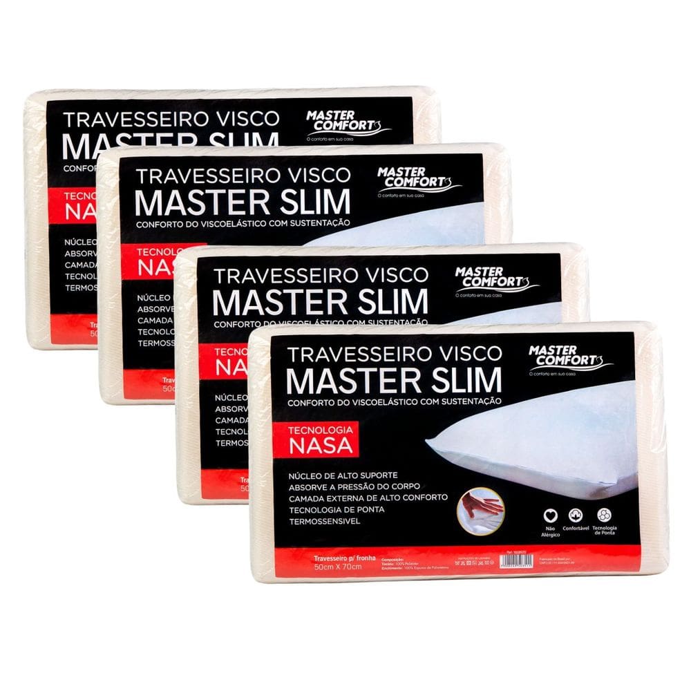 Kit 4 Travesseiros Slim Nasa Master Comfort 35X55X9cm Visco