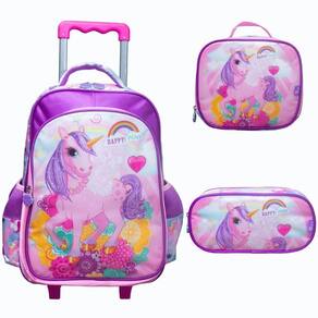 Kit Mochila De Rodinhas + Lancheira Térmica + Estojo Happy Pony Yins Rosa