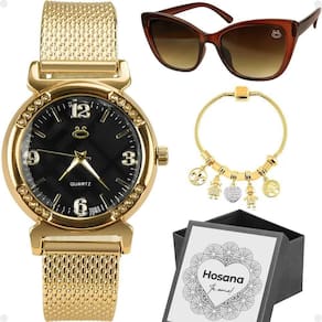 Relogio Feminino Dourado Aço + Caixa + Oculos Sol + Pulseira Presente Inoxidável Casual Ajustavel