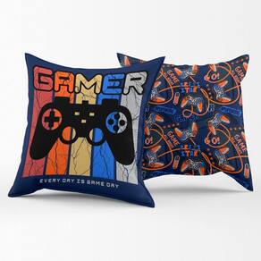 Par De Capas De Almofadas Estampadas Gamer Day Azul Marinho 45cm X 45cm Para Quarto