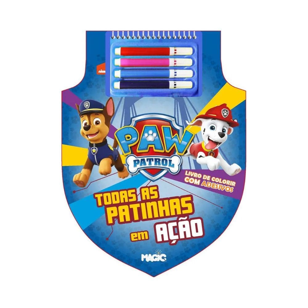 Livro Infantil Colorir Com Adesivos Patinhas em Ação Patrulha Canina Com Canetinhas Magic Kids