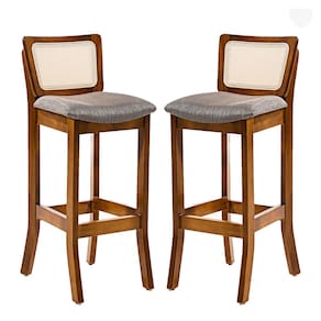 Kit 2 Banquetas Alta com Encosto Rattan Portugal Estofada Linho Cinza L55 RMI