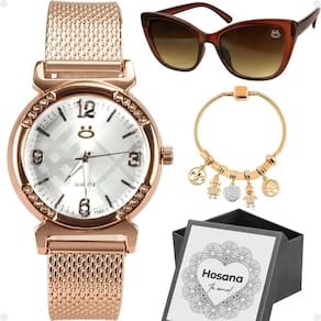 Relogio Feminino Rose Aço + Oculos Sol + Pulseira + Caixa