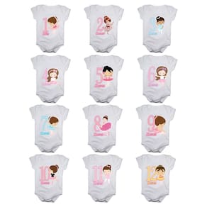 Kit body de bebê mesversario manga curta estampa bailarinas 12 bodies 1 a 12 meses